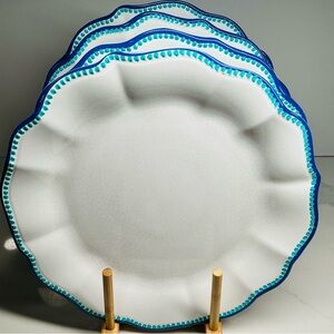 4 Dinner Plate NAUTICA MELAMINE White Blue Aqua Dots Scalloped Edge 11" New